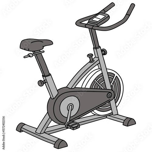Stationary exercise bicycle with gray seat and handlebars