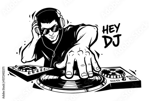 disc jockey dj playing music monochrome vector illustration