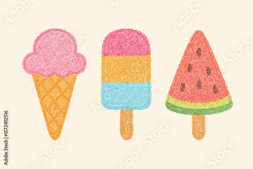 Colorful crayon-drawn ice cream treats, including ice cream cones and popsicles.