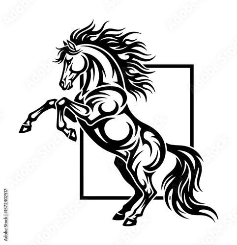 stylized rearing horse stallion with flowing mane in a frame logo