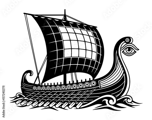 ancient viking longship drakkar sailing on the stormy sea waves vector emblem