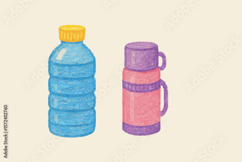 Illustration of a blue water bottle with a yellow cap and a pink thermos with a purple lid, depicted side-by-side.
