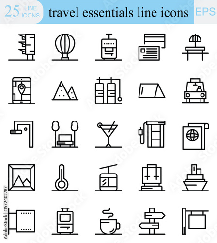 travel essentials line icon vector set
