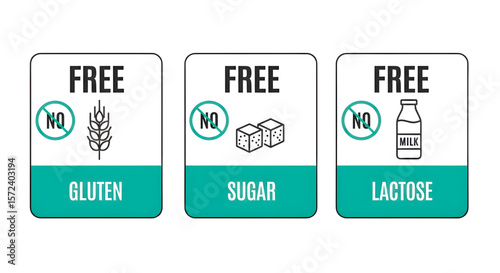 Free From Gluten Sugar Lactose Icon Set | Food Allergen Symbols for Packaging and Product Labels