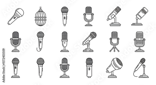 Collection of Microphone Icons | Set of Audio Recording Equipment Illustrations for Podcasts, Performances, and Broadcasting