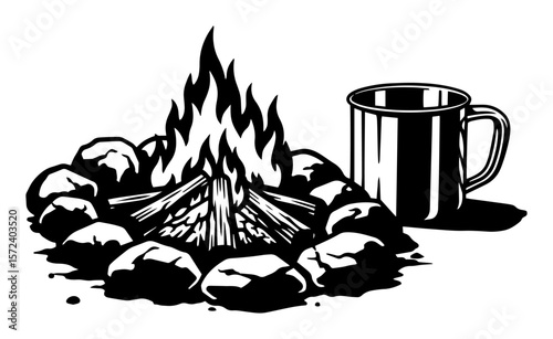 campfire with mug on stones monochrome vector illustration