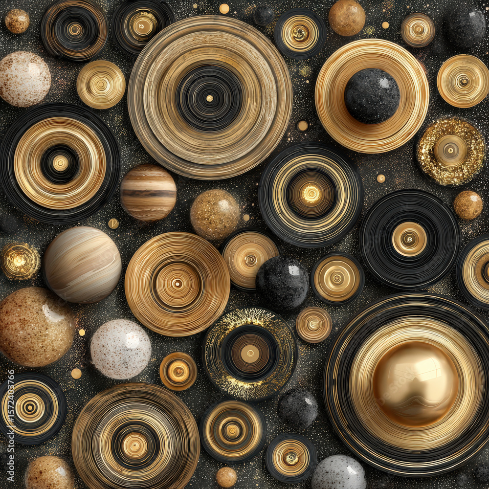 Seamless Pattern Featuring Planetary Rings in Spiritual Tones with a Rich Color Palette of Black and Gold