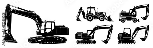 construction vehicles excavators set monochrome vector illustration
