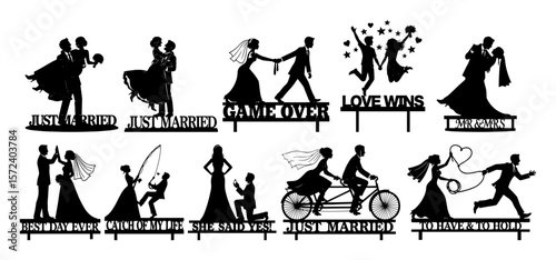 wedding cake topper silhouette set bride and groom vector