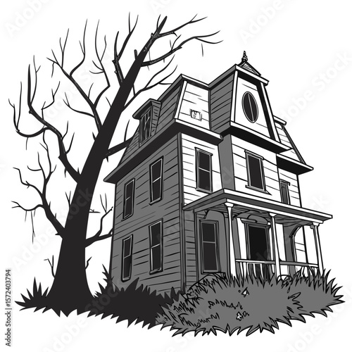 Spooky Victorian house with bare tree haunted house
