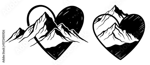 i love mountains hand drawn heart shape with a nature landscape logo