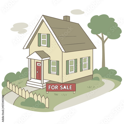 Yellow house with red door and for sale sign real estate