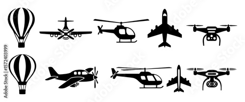 air transportation and aviation vehicle collection of icons vector set