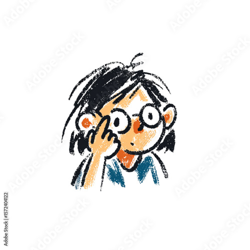Girl adjusting glasses with finger in children’s drawing style
