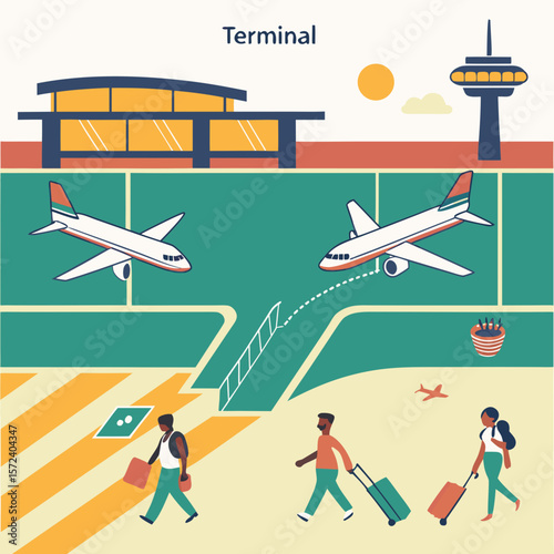 Airport terminal with airplanes and travelers aircraft