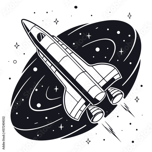 Space shuttle soaring through starry cosmos rocket