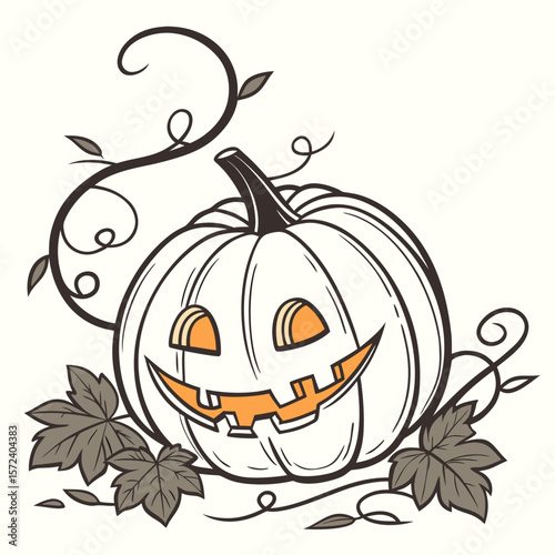 Grinning white pumpkin with orange face and dark vines
