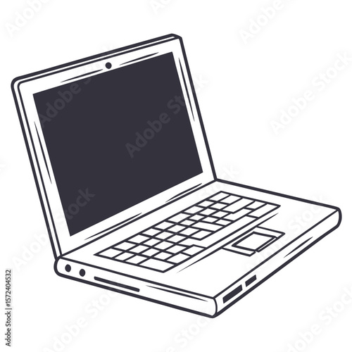Open laptop computer with dark screen and keyboard