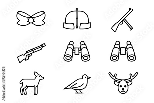 Hunting icon collection featuring equipment and gear in flat style