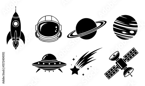space exploration and astronomy science solid icons set for cosmic design