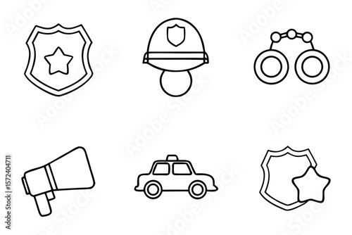 Police icon set featuring law enforcement symbols in flat style
