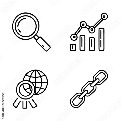 SEO tools vector icon set featuring digital marketing symbols