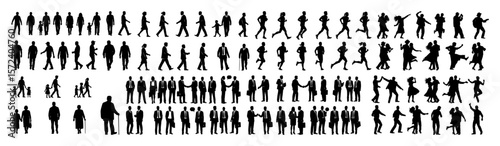 big collection of people silhouettes walking running and standing vector set