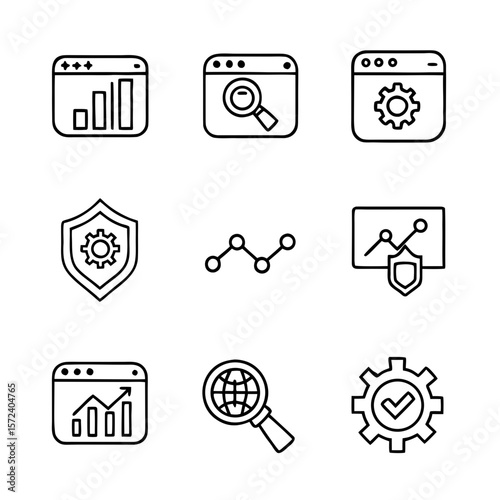 SEO icon set for analytics, security, and optimization in flat style