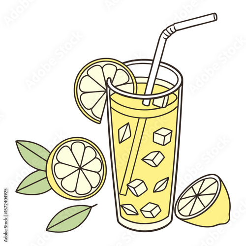 Tall glass of lemonade with lemons and straw drink