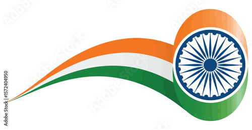 Stylized Indian flag with curved saffron, white, and green bands and Ashoka Chakra, symbolizing national pride, unity, and patriotism