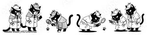 detective cats magnifying glass monochrome vector illustration