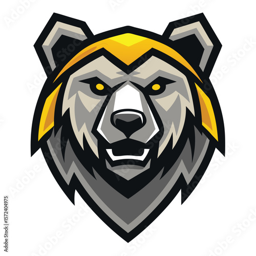 Fierce bear mascot head, with yellow eyes and crown, displays a determined expression
