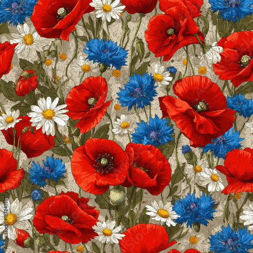 Seamless Pattern of Vibrant Red Poppies and Blue Cornflowers with Delicate White Daisies on a Light Background