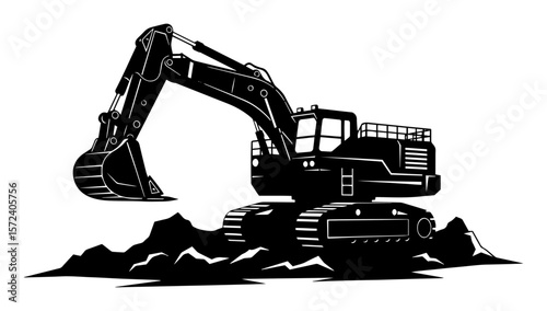 powerful construction excavator digging earth for building and mining industry logo