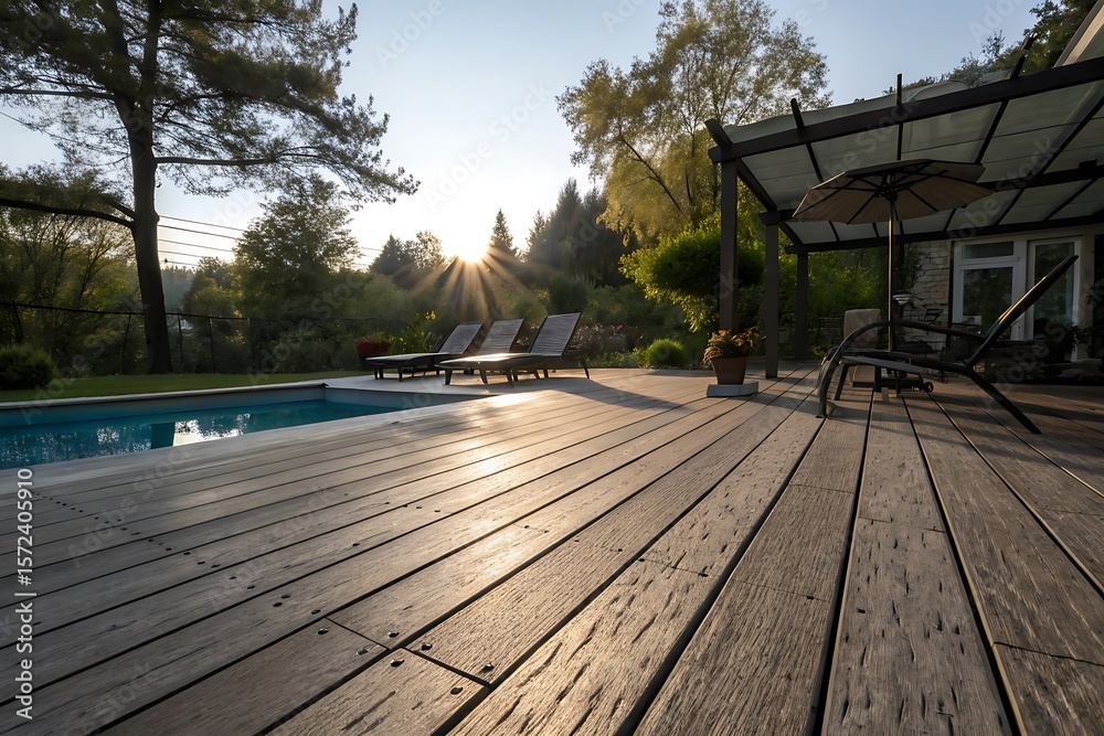 Beautiful Home Exterior Serene Sunrise by the Pool: Luxury Deck with Lounge Chairs and Pergola Beautiful Home Exterior Serene Sunrise by the Pool: Luxury Deck with Lounge Chairs and Pergola
