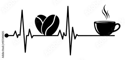 coffee lover heartbeat with coffee beans forming a heart and a hot cup