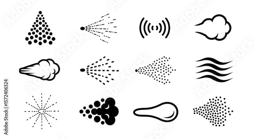 Spray Stream Icons Set | Black and White Line Art Illustration of Aerosol and Dispersion Patterns for Product Design, Diagrams and Technical Drawings