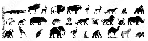 Big collection of wild animals silhouettes. African safari and zoo vector icon set.