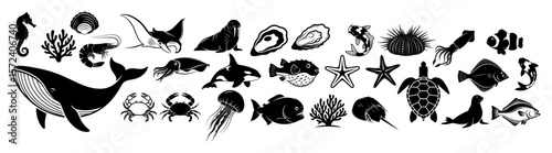 marine life silhouettes collection vector icon set