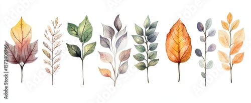 A beautiful collection of watercolor leaves in various shapes and colors, perfect for seasonal decoration or artistic projects. Ideal for nature lovers.