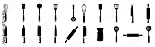kitchen utensils silhouette vector icon set