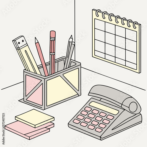 Desk supplies with calendar and telephone office