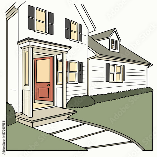 Red door house with shutters and lawn home residential