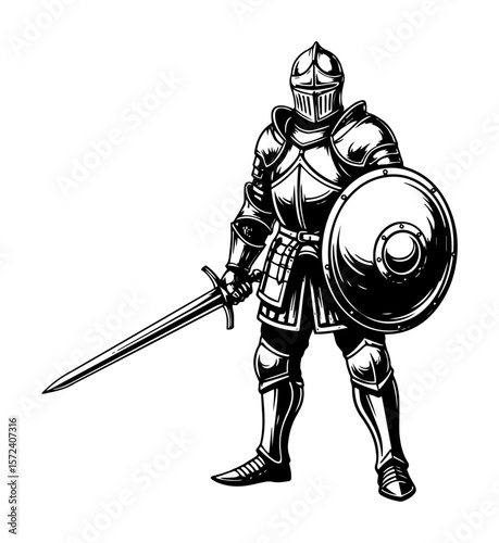 medieval knight in armor with sword and shield