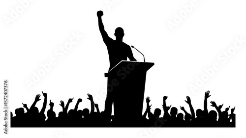 leader speaking to crowd from podium silhouette