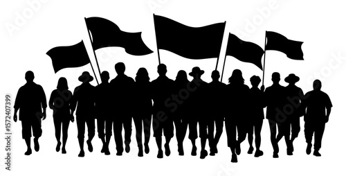protesting crowd with flags silhouette vector