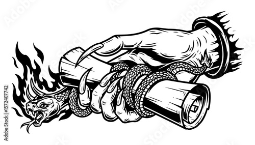 flaming torch in hand with snake vector illustration