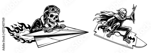 skull riders paper airplane and surfboard vector set