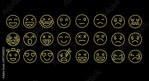 Emoji Set in Gold Outline Style | Collection of Emotional Expressions for Social Media, UI Design, and Digital Communication