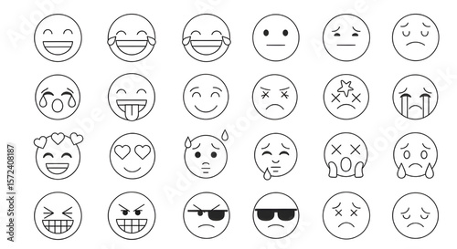 Emoji Line Art Icon Set | Collection of Black and White Emoticons for Social Media and Web Design